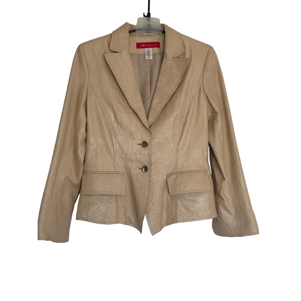 Y2K Anne Klein Women Beige Crinkled Leather Blazer Jacket Pinked Edge Tan PM